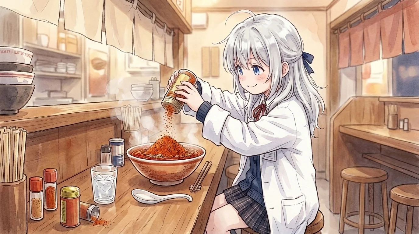 知秋：七味は多めで。町のラーメン屋。瓶が空になるまで振る。店主はもう何も言わない。