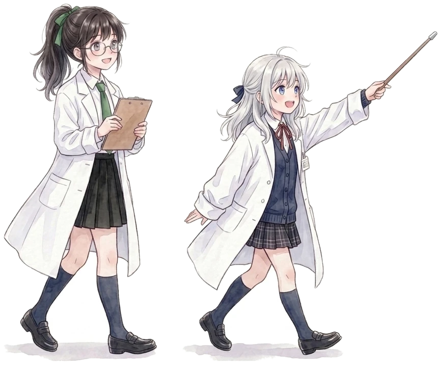 指し棒で先を指して歩く知秋と、クリップボードを抱えて付いていく一葉