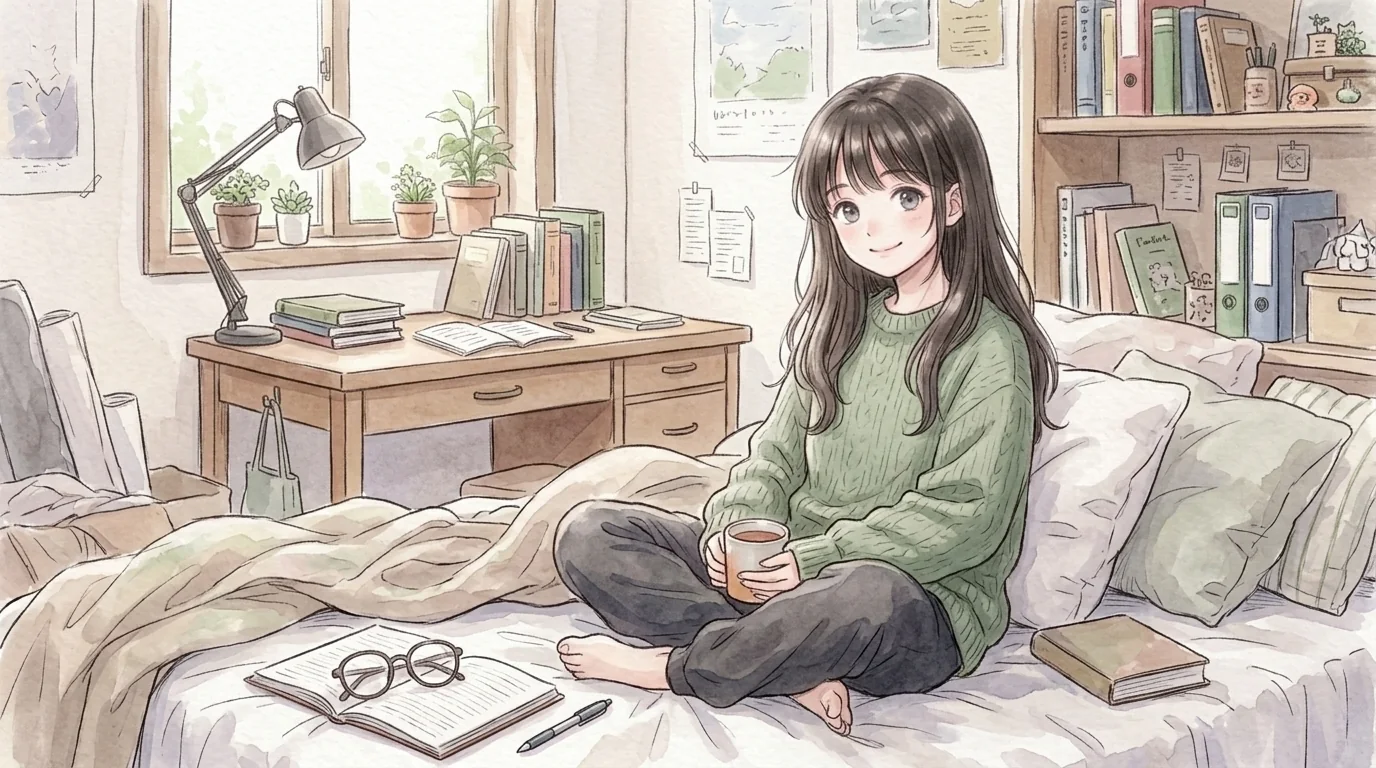 一葉：休日の朝。眼鏡を外して、マグを両手で。読みかけの帳面は枕元に。
