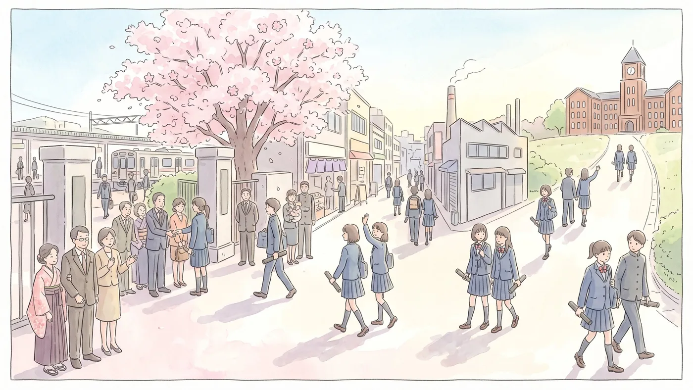 桜の咲く卒業式の日、校門の前で家族と記念写真を撮る卒業生と、卒業証書の筒を持って駅や町の工場、丘の上の大学へと歩き出す高校生たちを描いた水彩画