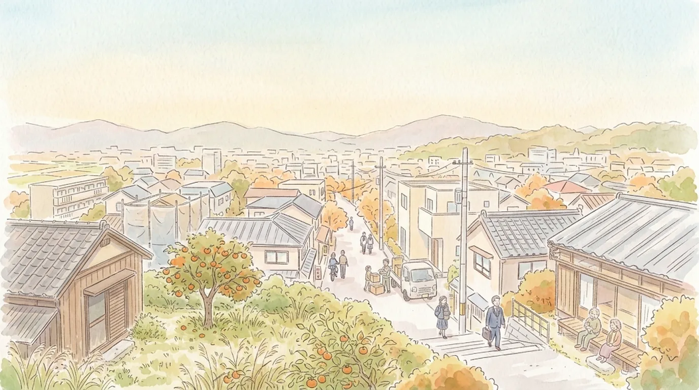 秋の夕方、丘の上から見渡す住宅地。手前に柿の実る庭と草の伸びた古い木の家、足場をかけた建築中の家と新しい一戸建て、坂道で引っ越しの荷物を運ぶ人、縁側でくつろぐお年寄り、奥に集合住宅と町並みと山を描いた水彩画
