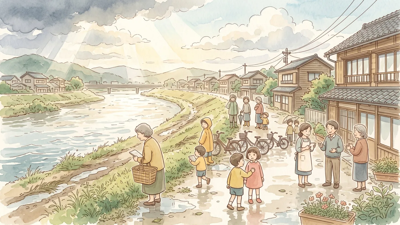 雨上がりの光が差す川沿いの道で、水かさの引いた川を見守る住民たちの水彩画