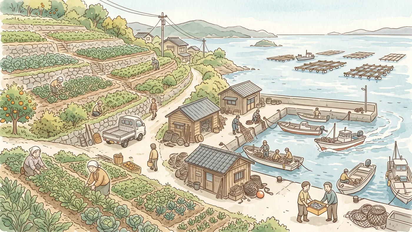 海辺の段々畑で働く人々と、漁船や養殖いかだの並ぶ港の水彩画