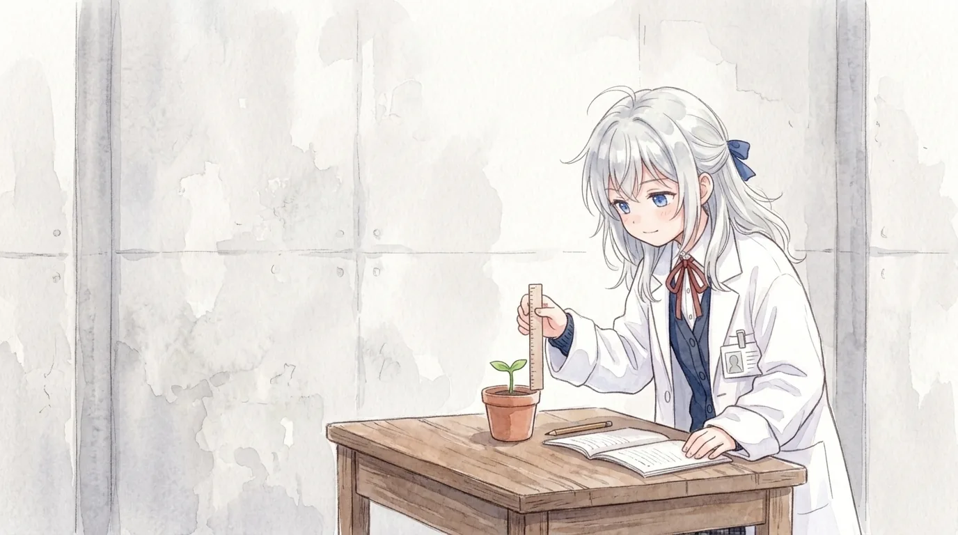 コンクリートの壁の部屋。木の机の鉢植えの若い芽に、知秋が定規をあてて背丈を測る水彩画