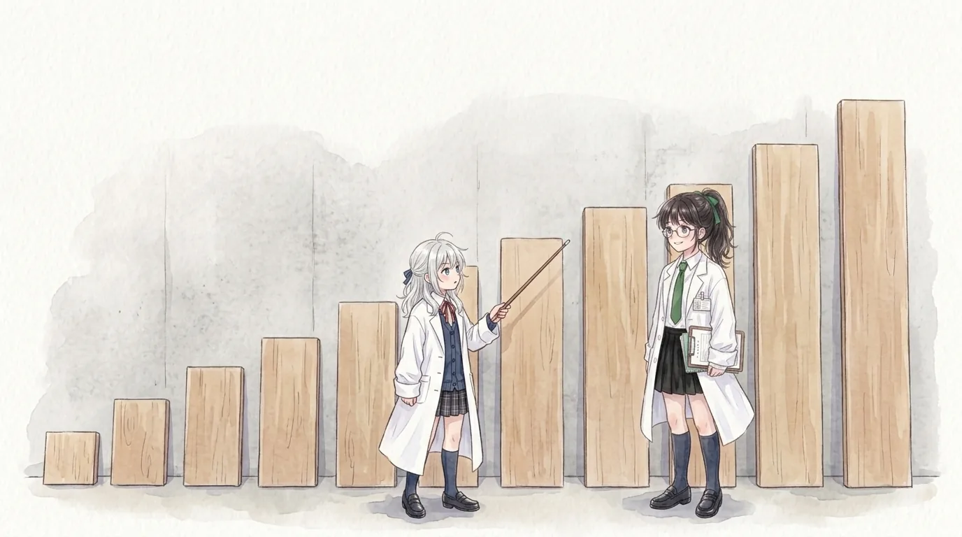 背の順に並んだ木の板。知秋が指し棒で板を指し、一葉が自分の背丈と同じ板の横に立つ水彩画