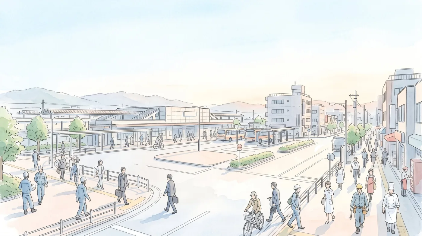 朝の駅前の広場と通りを、作業服やヘルメットの人、スーツの人、白衣の看護師、エプロンの店員、調理服の人などが、それぞれの職場へ向かって歩く水彩画
